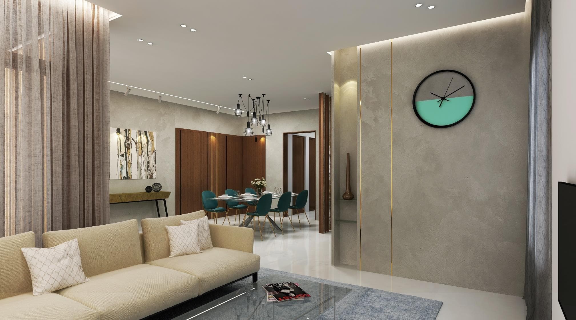 Visualisation of the living and dining space with a minimal, luxurious material palette