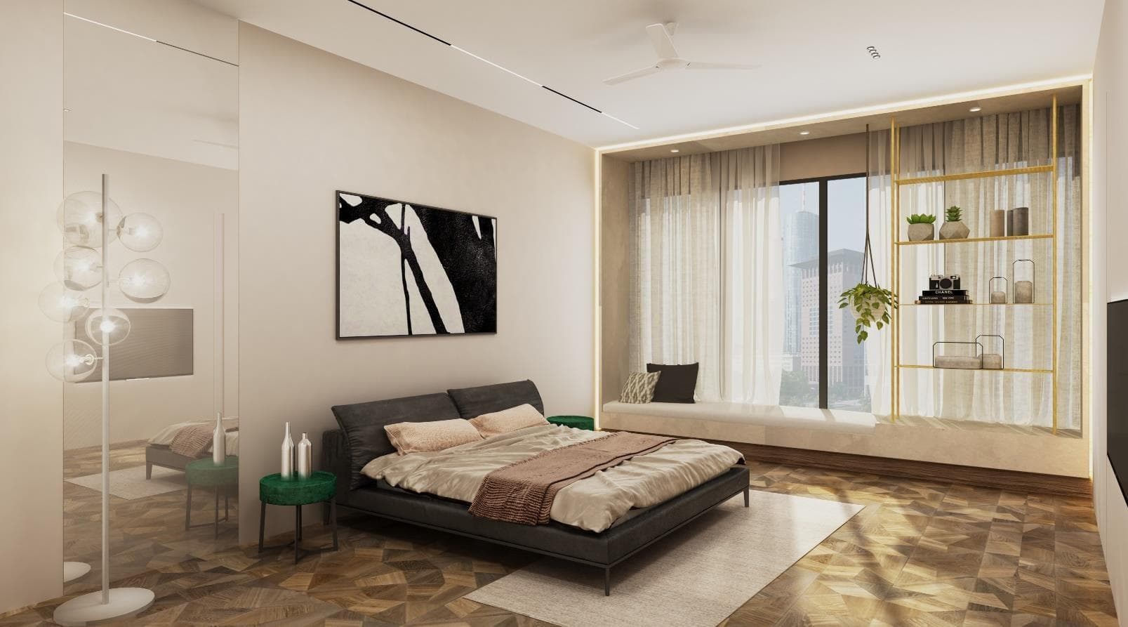Visualisation of the master bedroom with a simple, elegant furniture layout