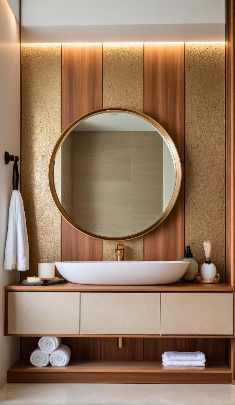 Master washroom vanity in dark stone with dual basins and a wide mirror