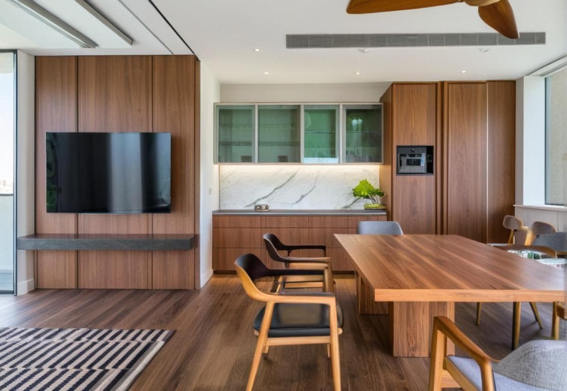 TV unit in fluted wood panelling facing the dining table across an open living space