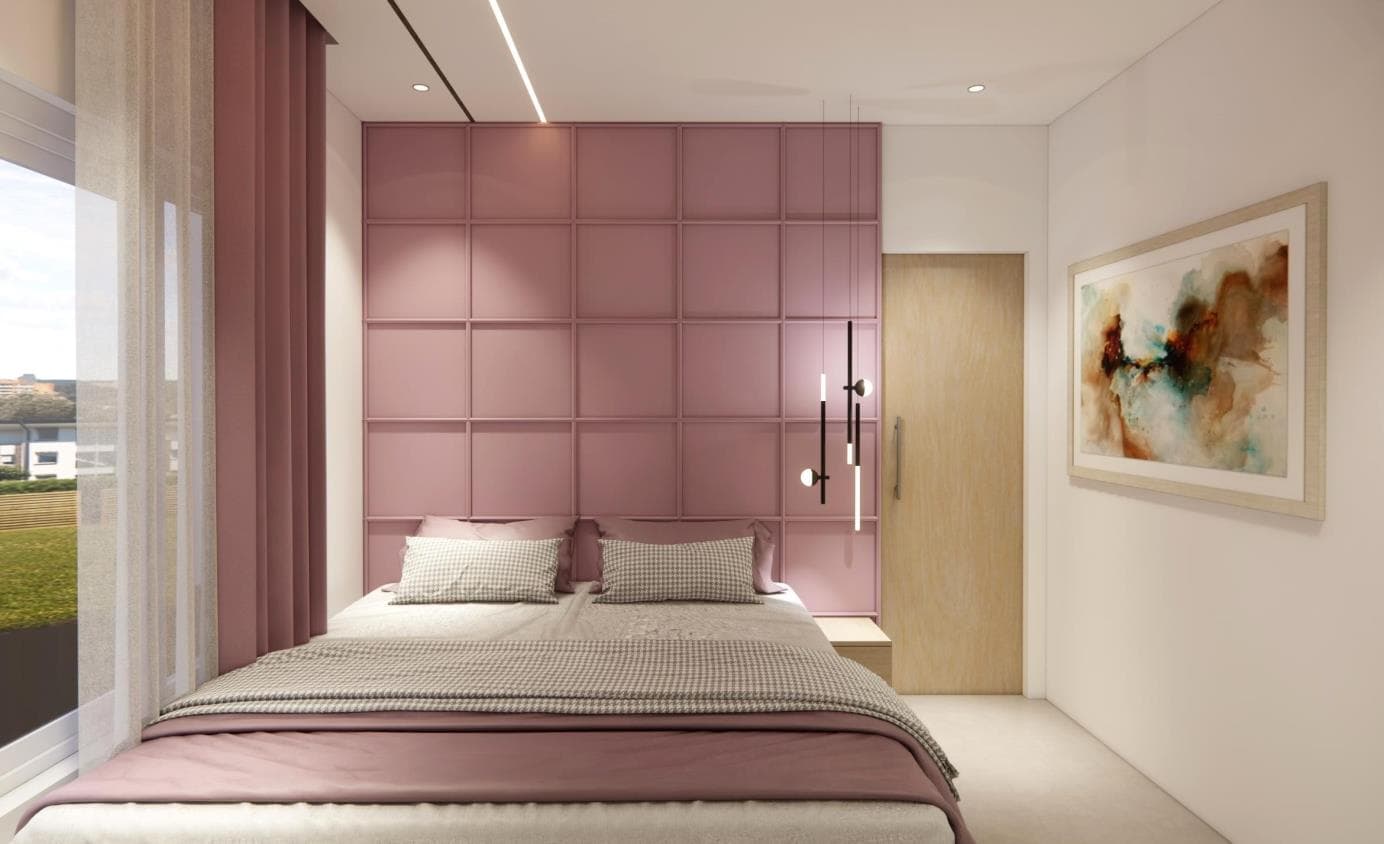 Visualisation of the daughter's bedroom with a study desk and soft furnishings