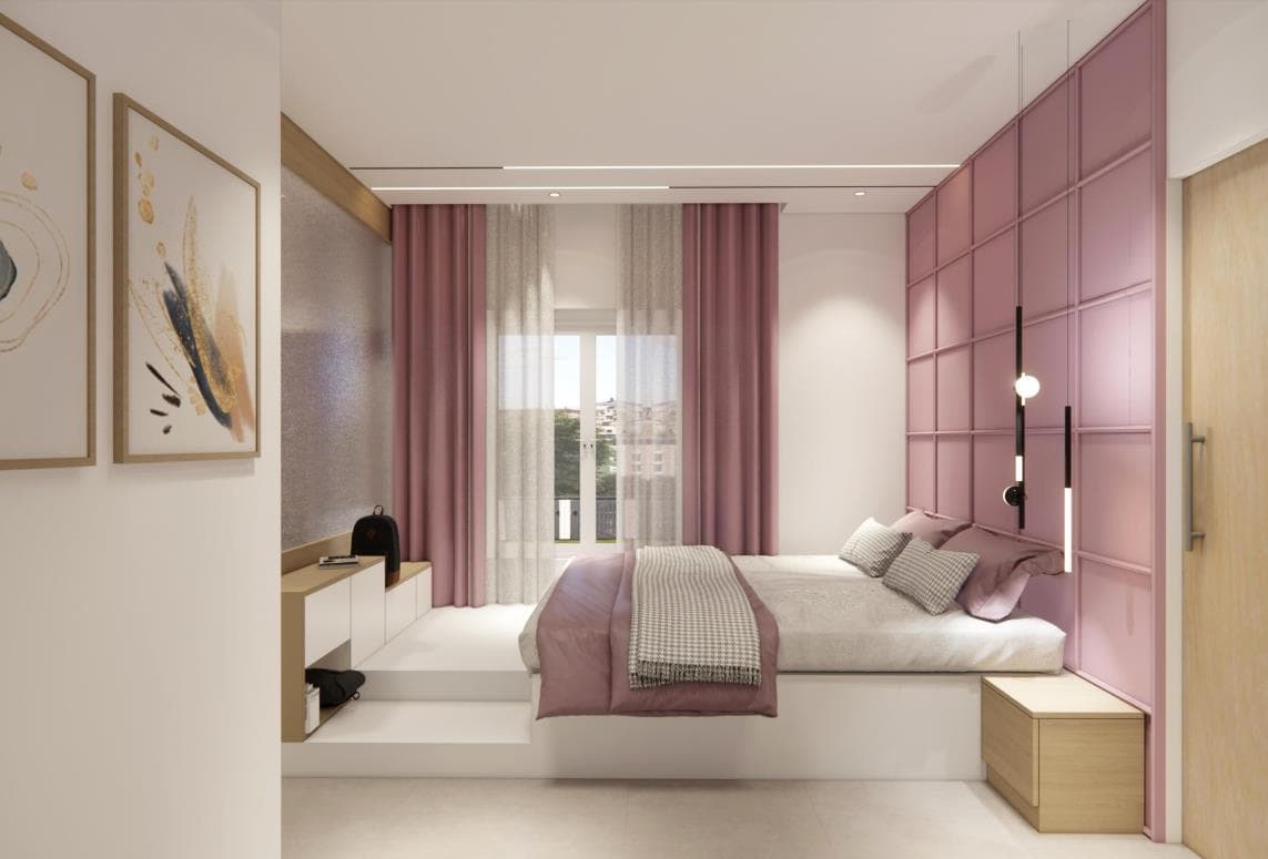 Visualisation of the daughter's bedroom wardrobe wall and bed layout