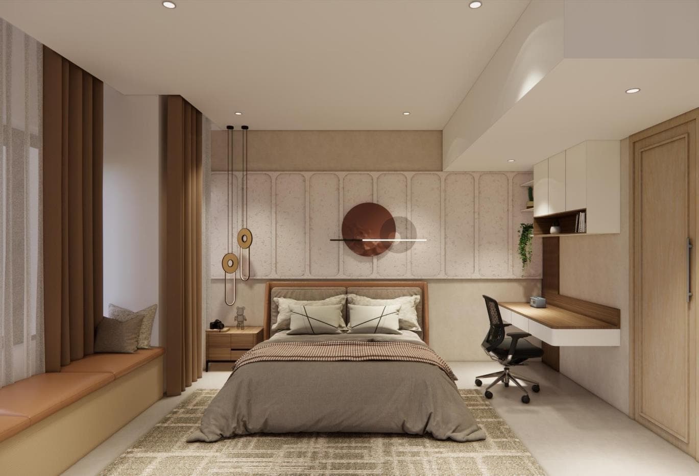 Visualisation of the master bedroom with a panelled headboard and warm lighting